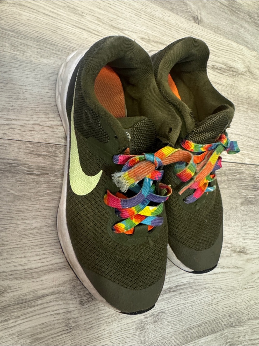 Kids Olive Green Athletic Sneakers with Neon rainbow Accent laces